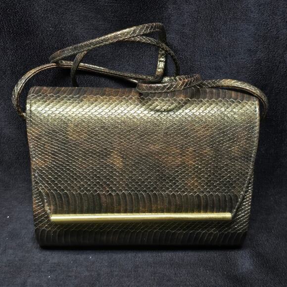 Vintage Ande Brown / Gold Faux Snakeskin & Gold Trim Crossbody Purse Magnetic - Picture 6 of 13